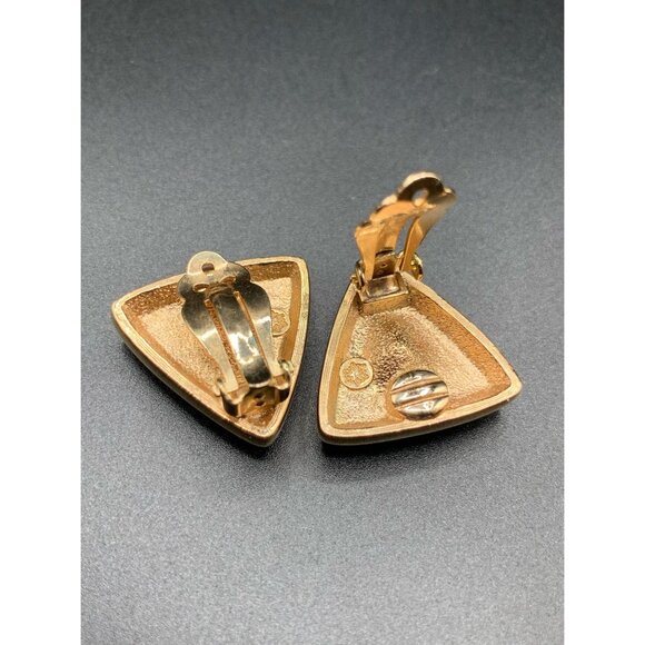 Navy Blue & Gold Tone Clip On Earrings Triangle Shaped Blue Glass Stones Signed - Picture 3 of 4